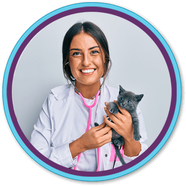 happy female vet holding a kitten with a stethoscope